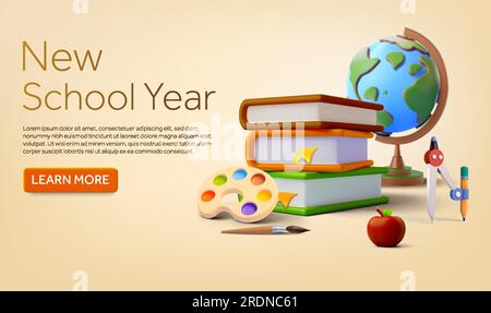 3D Stapel Bücher mit Malerpalette, Kunstpinsel, Globus, geometrischem Kompass, Apfel, Isoliert im Hintergrund. Bannervorlage für Schulbeginn, neues Semester, Kurs, Schüler. Vektordarstellung. Vektordarstellung Stock Vektor