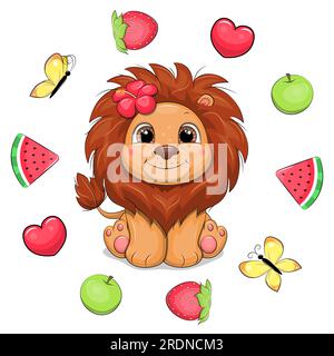 Süßer Cartoon-Löwe mit einer tropischen Blume in einem Obstrahmen. Sommervektordarstellung eines Tieres mit Wassermelonen, roten Herzen und grünen Äpfeln. Stock Vektor
