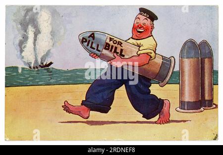 Originale Comic-Postkarte aus dem WW1. Jahrhundert, Seemann mit einer Rakete, Pille für Bill, die Postkarte ist ein beliebtes Thema - Anti-Kaiser Wilhelm II. (Letzter deutscher Kaiser und König von Preußen) des Deutschen Reiches. Vom/veröffentlicht 1915. Stockfoto
