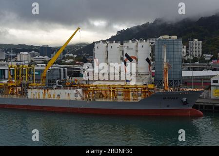 WELLINGTON, NEUSEELAND, 19. MAI 2023: Der Zementträger Buffalo dockte am Hafen von Wellington an Stockfoto