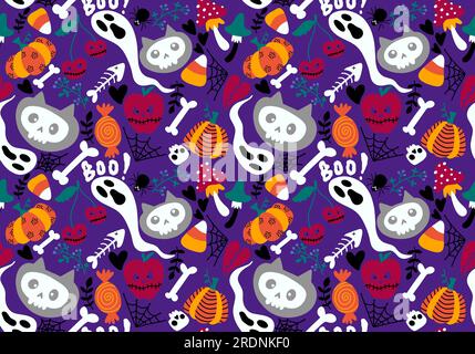 Cartoon Halloween-Katzen nahtlose Kürbisse und Schädel und Geist- und Pilzmuster zum Einwickeln von Papier und Textilien und festlichen Accessoires und Herbst Stockfoto