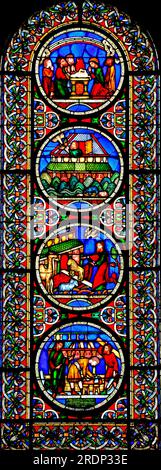 Buntglasfenster, Noah, die Arche und die Flut, von Alfred Gerente von Paris, 1850, Altes Testament, Ely-Kathedrale, Cambridgeshire, England Stockfoto