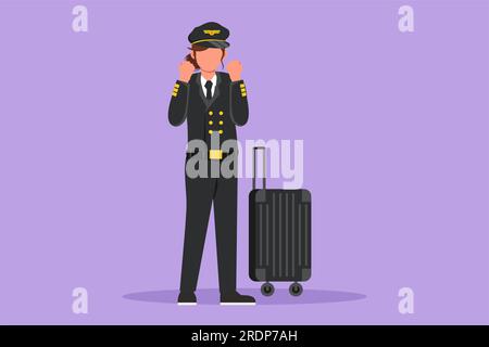 Eine flache Zeichentrickfigur, die weibliche Pilotin im Stehen mit feierlicher Geste zeichnet, komplette Uniform, bereit zum Reiten oder Fliegen, um Passagiere mitzunehmen Stockfoto
