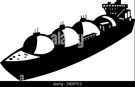 Retro-Darstellung eines Flüssiggastankers, eines Tankschiffs, das für den Transport von Flüssigerdgas oder LNG auf isoliertem Hintergrund ausgelegt ist, in Schwarz und Stockfoto