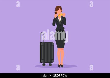 Flache Zeichentrickfigur, weibliche Flugbegleiterin, die in Uniform steht, mit Feier-Geste, bereiten Sie sich am Flughafen auf den Flug vor und servieren Sie den Passagier zum Stockfoto