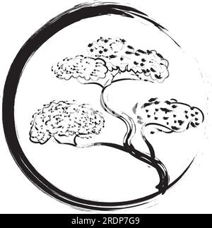 Zeichnungsstil Darstellung eines Enso-Kreises mit Bonsai-Baum, in dem ein heiliges Symbol im Zen-Buddhismus einen Kreis oder manchmal einen Kreis bedeutet Stockfoto