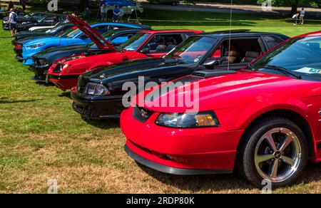 Eine Reihe von Ford Mustangs auf einer Autoausstellung in Pittsburgh, Pennsylvania, USA Stockfoto