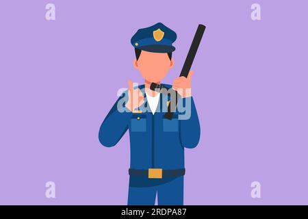 Cartoon-Figur mit flacher Figur, attraktiver Polizist, der mit Daumen-hoch-Geste Polizeistab hält, und in voller Uniform, bereit, Verkehrsdisziplin durchzusetzen Stockfoto