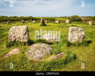 Der Boscawen-un Steinkreis, in der Nähe von St. Buryan, Cornwall, Großbritannien. Stockfoto