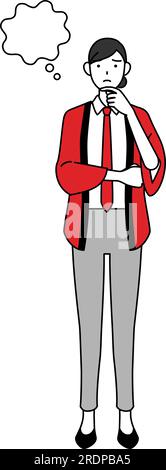 Eine Frau in einem roten Happi-Mantel, die denkt, während sie ihr Gesicht kratzt, Vector Illustration Stock Vektor
