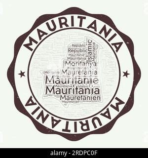 Mauretanisches Logo. Erstaunliches Landabzeichen mit Wörterwolke in Form von Mauretanien. Rundes Emblem mit Ländernamen. Fantastische Vektordarstellung. Stock Vektor