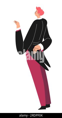 Ein Gentleman im Smoking, ein isolierter Mann im Kostüm. Kellner oder Butler für reiche Leute. Mitarbeiter oder Arbeiter, Concierge oder Mann an der Rezeption Stock Vektor