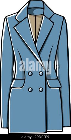Formelle Kleidung oder Outfit für Mädchen, isolierte Freizeitkleidung für Damen. Mantel oder Jacke mit Taschen und Knöpfen. Modisches Kleidungsstück mit Ärmeln. Einkaufen Stock Vektor