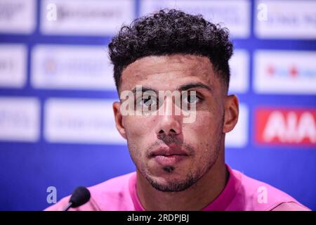 Bangkok, Thailand. 22. Juli 2023. James Justin aus Leicester City während der Pressekonferenz vor dem Spiel zwischen Leicester City und Tottenham Hotspur, einem saisonfreundlichen Fußballspiel im Rajamangala Stadium. Kredit: SOPA Images Limited/Alamy Live News Stockfoto