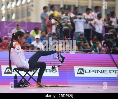 Pilsen, Tschechische Republik. 22. Juli 2023. Sheetal Devi aus Indien tritt beim Finale der Compound Women Open bei der 2023 World Archery para Championships in Pilsen (Tschechische Republik) am 22. Juli 2023 an. Kredit: He Canling/Xinhua/Alamy Live News Stockfoto