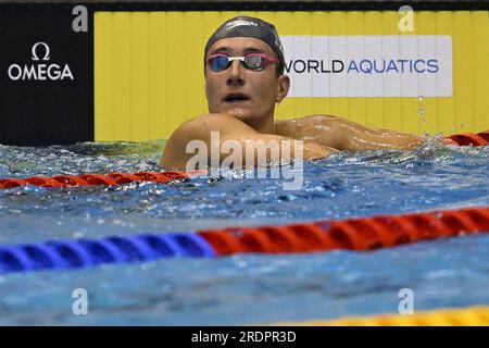 Fukuoka, Japan. 23. Juli 2023. Der belgische Lucas Henveaux wurde am Sonntag, den 23. Juli 2023, bei der Wasserweltmeisterschaft in Fukuoka (Japan) im Freistil der Männer 400m fotografiert. BELGA FOTO NIKOLA KRSTIC Credit: Belga News Agency/Alamy Live News Stockfoto