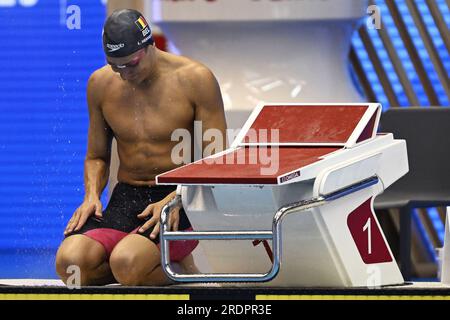 Fukuoka, Japan. 23. Juli 2023. Der belgische Lucas Henveaux wurde am Sonntag, den 23. Juli 2023, bei der Wasserweltmeisterschaft in Fukuoka (Japan) im Freistil der Männer 400m fotografiert. BELGA FOTO NIKOLA KRSTIC Credit: Belga News Agency/Alamy Live News Stockfoto