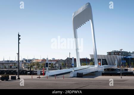 Estlands neue dynamische, bewegliche Fußgängerbrücke aus Stahl und haltbarem Verbundwerkstoff im alten Stadthafen im Hafen von Tallinn Stockfoto