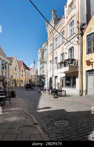 Pikk, eine der längeren Straßen in Vanalinn (Bezirk Kesklinn) in Tallinn, Estland, mit farbenfrohen, sonnenbeleuchteten Gebäuden und vielen Restaurants Stockfoto