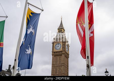 Am Parliament Square in London werden die Flaggen des Historic County Flags Day geflogen, der an einem Tag, dem 23. Juli, um die historischen Counties der Nation zu markieren, so viele Countys wie möglich über Großbritannien fliegen lassen soll. Foto: Sonntag, 23. Juli 2023. Stockfoto