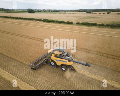 21. Juli 2023 New Holland CR990 mit einem MacDon-Schneidwerk für die Ernte von Wintergerste in South Lincolnshire Stockfoto