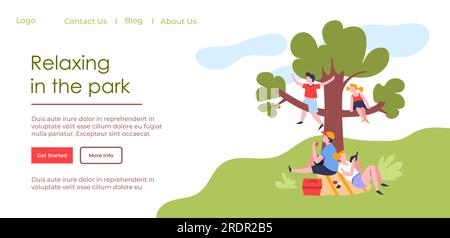 Kinder entspannen sich und ruhen sich im Park aus. Kinder beim Picknick sitzen unter dem Baum, lesen und Spaß haben. Aktivitäten am Wochenende im Freien im Wald. Website oder Web Stock Vektor
