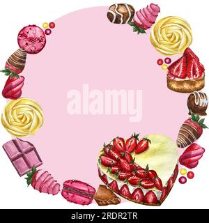 Handgezeichneter Kranz in Aquarellfarben mit Backwerkzeugen und Zutaten in Pink. Schablonenkarten und Logo mit Kuchen, Schokolade, Makronen, Stockfoto