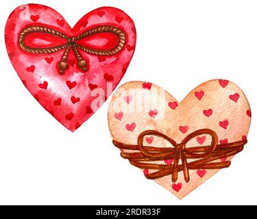 Aquarelle Herzen, valentinstag Rot, Violett, Violett Herzen Set. Glückwunschkarte zum Valentinstag. Zeichnungsset mit Herzen aus Holz und Stoff. Stockfoto