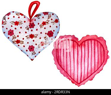 Aquarelle Herzen, valentinstag Rot, Violett, Violett Herzen Set. Glückwunschkarte zum Valentinstag. Zeichnungsset mit Herzen aus Holz und Stoff. Stockfoto