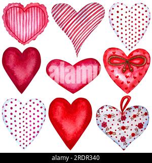 Aquarelle Herzen, valentinstag Rot, Violett, Violett Herzen Set. Glückwunschkarte zum Valentinstag. Zeichnungsset mit Herzen aus Holz und Stoff. Stockfoto