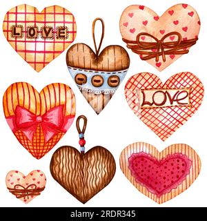 Aquarelle Herzen, valentinstag Rot, Violett, Violett Herzen Set. Glückwunschkarte zum Valentinstag. Zeichnungsset mit Herzen aus Holz und Stoff. Stockfoto