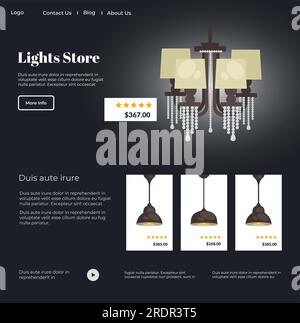 Sortiment an Lampen und Kronleuchtern im Online-Shop oder Shop. Einrichtung Zuhause mit luxuriösen Accessoires. Website- oder Webseitenvorlage mit Preisen und s. Stock Vektor
