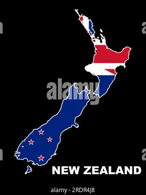 Umriss der Silhouettemap Neuseelands mit der Nationalflagge auf schwarzem Hintergrund Stockfoto