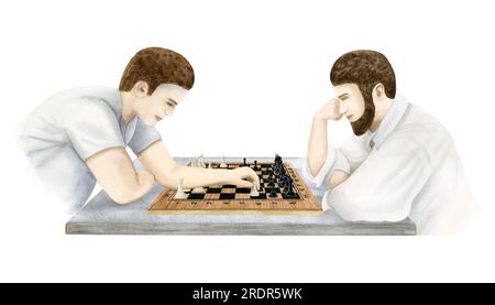 Schachspieler, die am Tisch sitzen und Schach spielen, sich bewegen und denken, Aquarelle Illustration, Turniervorlage Stockfoto