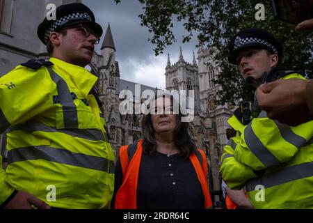 Hunderte von JSO-Demonstranten blockieren Straßen in Westminster und verursachen Verkehrsverzögerungen. Die Polizei wendet Gesetze nach dem Gesetz über öffentliche Ordnung an, um Demonstranten zu entfernen. Stockfoto