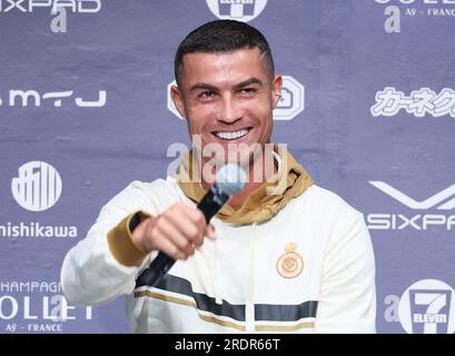 Osaka, Japan. 23. Juli 2023. Saudi-arabisches Fußballteam Al Nassr, portugiesischer Star-Spieler Cristiano Ronaldo, spricht am Sonntag, den 23. Juli 2023 auf einer Pressekonferenz in Osaka, Westjapan. Al Nassr wird ein Saisonvorspiel gegen Paris Saint-Germain spielen. (Foto: Yoshio Tsunoda/AFLO) Kredit: Aflo Co Ltd./Alamy Live News Stockfoto