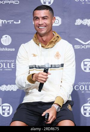 Osaka, Japan. 23. Juli 2023. Saudi-arabisches Fußballteam Al Nassr, portugiesischer Star-Spieler Cristiano Ronaldo, spricht am Sonntag, den 23. Juli 2023 auf einer Pressekonferenz in Osaka, Westjapan. Al Nassr wird ein Saisonvorspiel gegen Paris Saint-Germain spielen. (Foto: Yoshio Tsunoda/AFLO) Kredit: Aflo Co Ltd./Alamy Live News Stockfoto