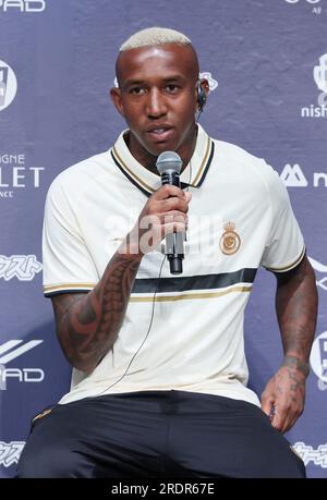 Osaka, Japan. 23. Juli 2023. Saudi-arabisches Fußballteam Al Nassr, brasilianisches Forward Talisca, spricht am Sonntag, den 23. Juli 2023 auf einer Pressekonferenz in Osaka, Westjapan. Al Nassr wird ein Saisonvorspiel gegen Paris Saint-Germain spielen. (Foto: Yoshio Tsunoda/AFLO) Kredit: Aflo Co Ltd./Alamy Live News Stockfoto