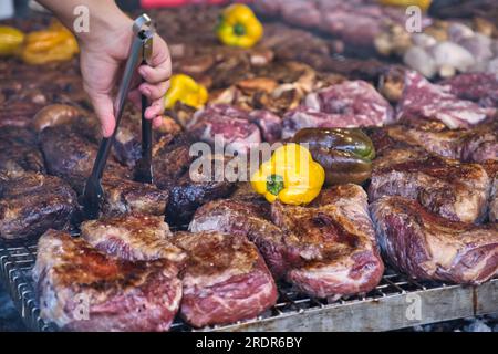 Blick auf Fleisch mit Paprika, die auf einem großen Grill geröstet werden Stockfoto