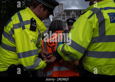 Hunderte von JSO-Demonstranten blockieren Straßen in Westminster und verursachen Verkehrsverzögerungen. Die Polizei wendet Gesetze nach dem Gesetz über öffentliche Ordnung an, um Demonstranten zu entfernen. Stockfoto