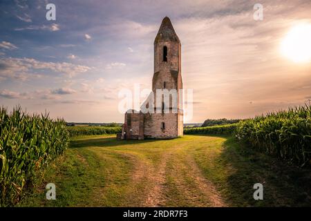 Verfallene Kirche in ungarn Diese Ruine der Kirche befindet sich auf dem Plattensee inmitten eines Maisfeldes. Die Ruinen gehören zu einer alten orthodoxen Kirche Stockfoto