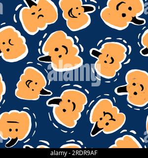 Handgezeichnetes Nahtloses Muster mit süßen orangefarbenen Kürbissen auf dunkelblauem Hintergrund. Halloween-Thanksgiving-Druck für Kinder lustiges niedliches Design mit weißer gepunkteter Linie, Herbstdekor der Saison Stockfoto