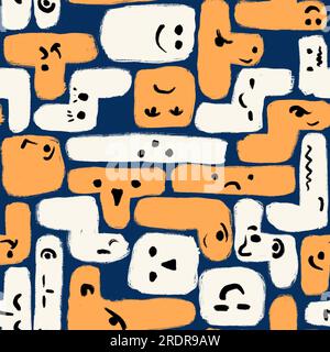 Handgezeichnetes nahtloses Muster mit lustigen Tetris-Formen in Gelb-Orange-Blau-Weiß-Schwarz. Niedliche Gesichter Monster, Halloween-Design, für Kinder Kinderzimmer Dekor, abstrakte geometrische Kunst Stockfoto