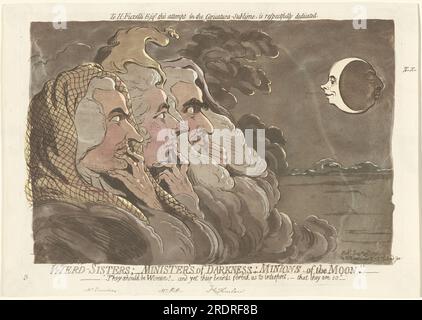 „James Gillray, Wierd-Sisters; Minister der Finsternis; Minions of the Moon, 1791, Ätzen, Gravieren und Aquatint gedruckt in Sepia auf gewebtem Papier, mit handbemaltem Herausgeberpapier und Inschriften von Gillray, Platte: 24,9 x 35,1 cm (9 13/16 x 13 13/16 Zoll) Blatt: 26,9 x 37,9 cm (10 9/16 x 14 15/16 Zoll), anonymes Geschenk, 2017.49.1 cm Stockfoto