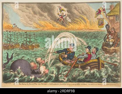 Britische Teer, die die dänische Flotte in den Hafen schleppen; der Leviathan, der Billys altes Boot ausprobiert, und der kleine Korse, der am 1. Oktober 1807 von James Gillray auf den Wolken des Ehrgeizes zittert Stockfoto
