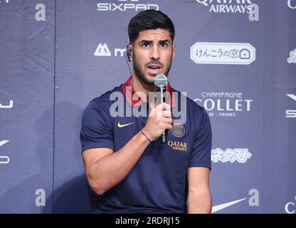 Osaka, Japan. 23. Juli 2023. Die französische Fußballmannschaft Paris Saint-Germain (PSG), neu beigetretener spanischer Forward Marco Asensio, spricht am Sonntag, den 23. Juli 2023 auf einer Pressekonferenz in Osaka, Westjapan. PSG wird ein Saisonvorspiel gegen Saudi-Arabien Al Nassr spielen. (Foto: Yoshio Tsunoda/AFLO) Kredit: Aflo Co Ltd./Alamy Live News Stockfoto