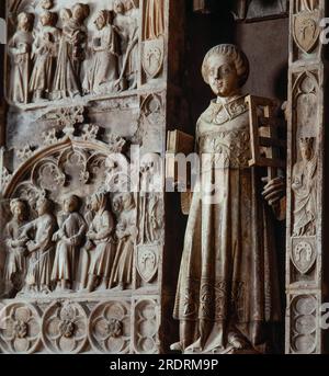 Jordi de Déu, detalle del retablo de San Lorenzo, en la iglesia de Santa Coloma de Queralt en el año 1386. AUTOR: JORDI DE DEU (S. XIV). Stockfoto