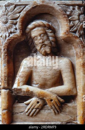 Jordi de Déu, detalle del retablo de San Lorenzo, en la iglesia de Santa Coloma de Queralt en el año 1386. AUTOR: JORDI DE DEU (S. XIV). Stockfoto