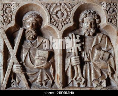 Jordi de Déu, detalle del retablo de San Lorenzo, en la iglesia de Santa Coloma de Queralt en el año 1386. AUTOR: JORDI DE DEU (S. XIV). Stockfoto