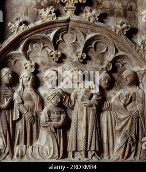 Jordi de Déu, detalle del retablo de San Lorenzo, en la iglesia de Santa Coloma de Queralt en el año 1386. AUTOR: JORDI DE DEU (S. XIV). Stockfoto